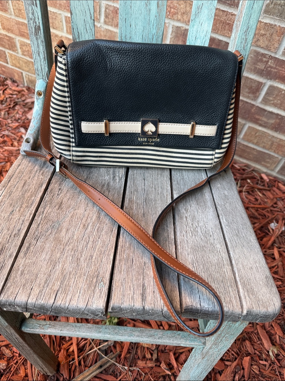 kate spade Black and Cream Striped Pebbled Leather Crossbody